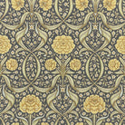 Camellia Damask Charcoal Gold linen curtain fabric with ornate gold flowers and charcoal foliage
