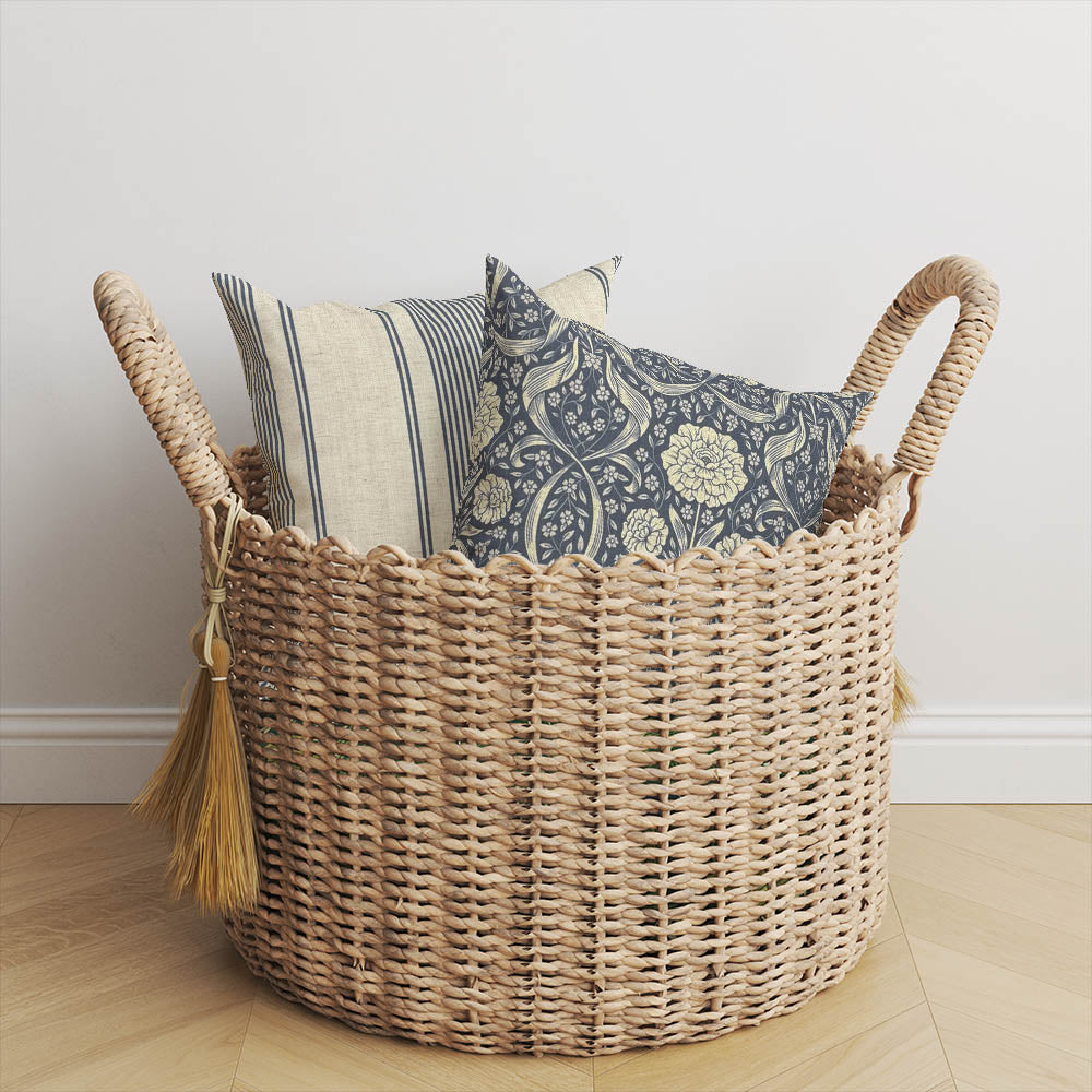Cobalt Camellia striped cushion paired with the matching floral damask design
