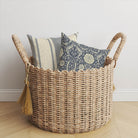 Cobalt Camellia striped cushion paired with the matching floral damask design
