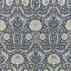 Camellia Damask Cobalt floral linen curtain fabric with deep blue botanical detail on a natural ground