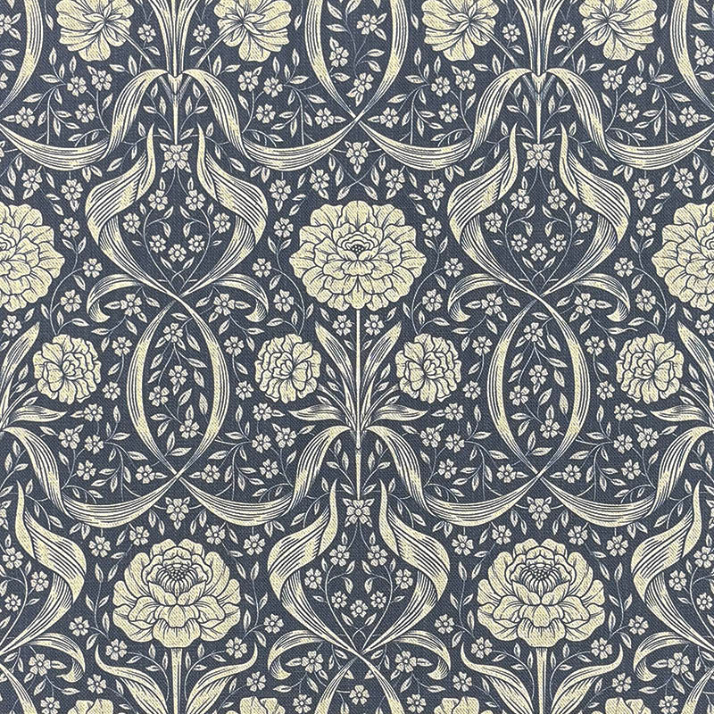 Camellia Damask Cobalt floral linen curtain fabric with deep blue botanical detail on a natural ground