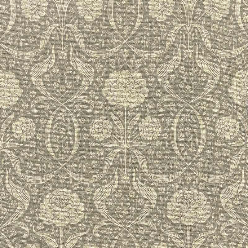 Camellia Damask Sage linen curtain fabric with stylised floral motifs in soft sage and natural tones