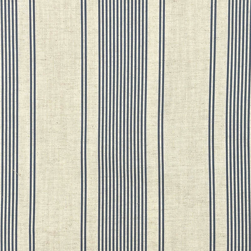Camellia Stripe Cobalt linen curtain fabric with varied blue pinstripes on a natural background