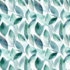 Cannock teal leaf curtain fabric with layered blue-green watercolour foliage on ivory