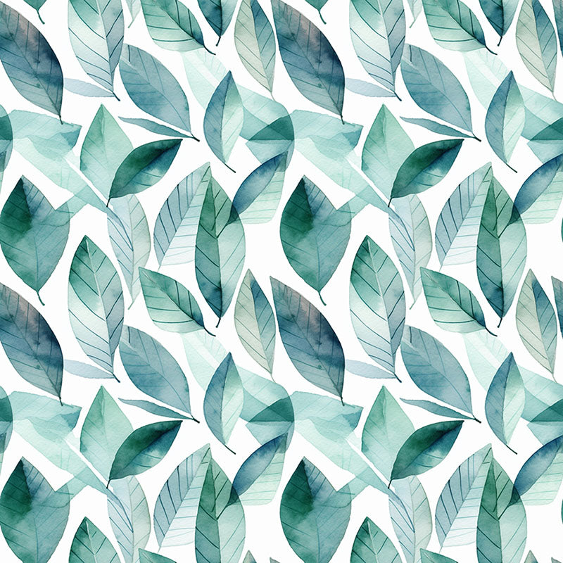 Cannock teal leaf curtain fabric with layered blue-green watercolour foliage on ivory