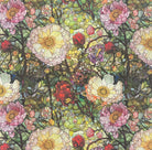 Canterbury Flower Green velvet upholstery fabric flat image with forest-toned floral pattern featuring red, yellow, and purple flowers on deep green