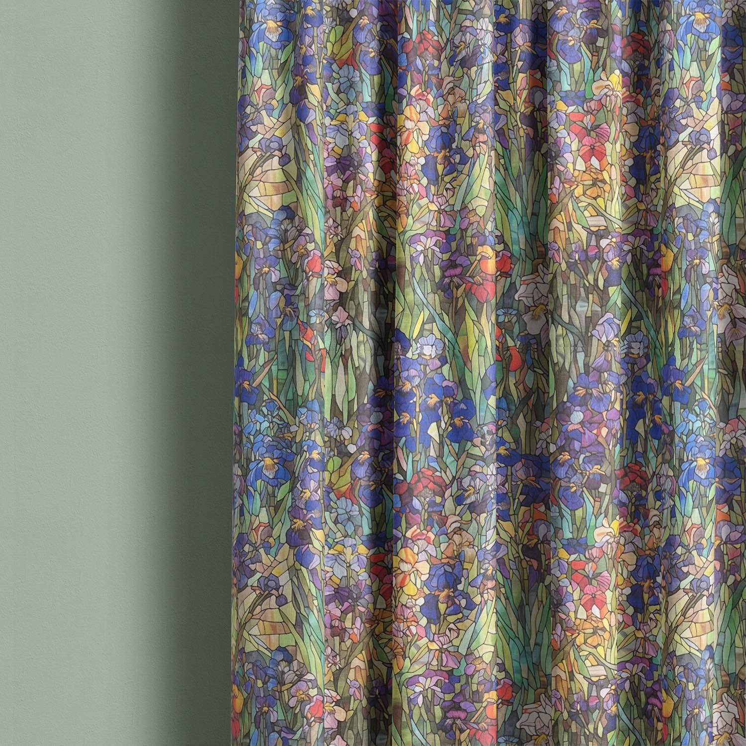 Canterbury Flower Iris velvet curtain fabric draped to show botanical floral design in jewel tones, inspired by stained glass windows