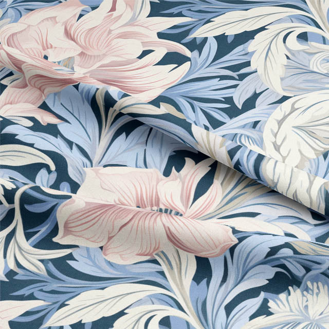  Elegant Charlecote Linen Curtain Fabric in Blue and Pink draping on a window