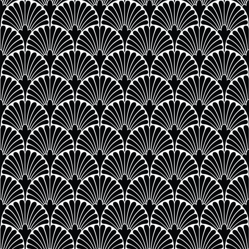 Black art deco velvet upholstery fabric with repeating geometric fan motif design