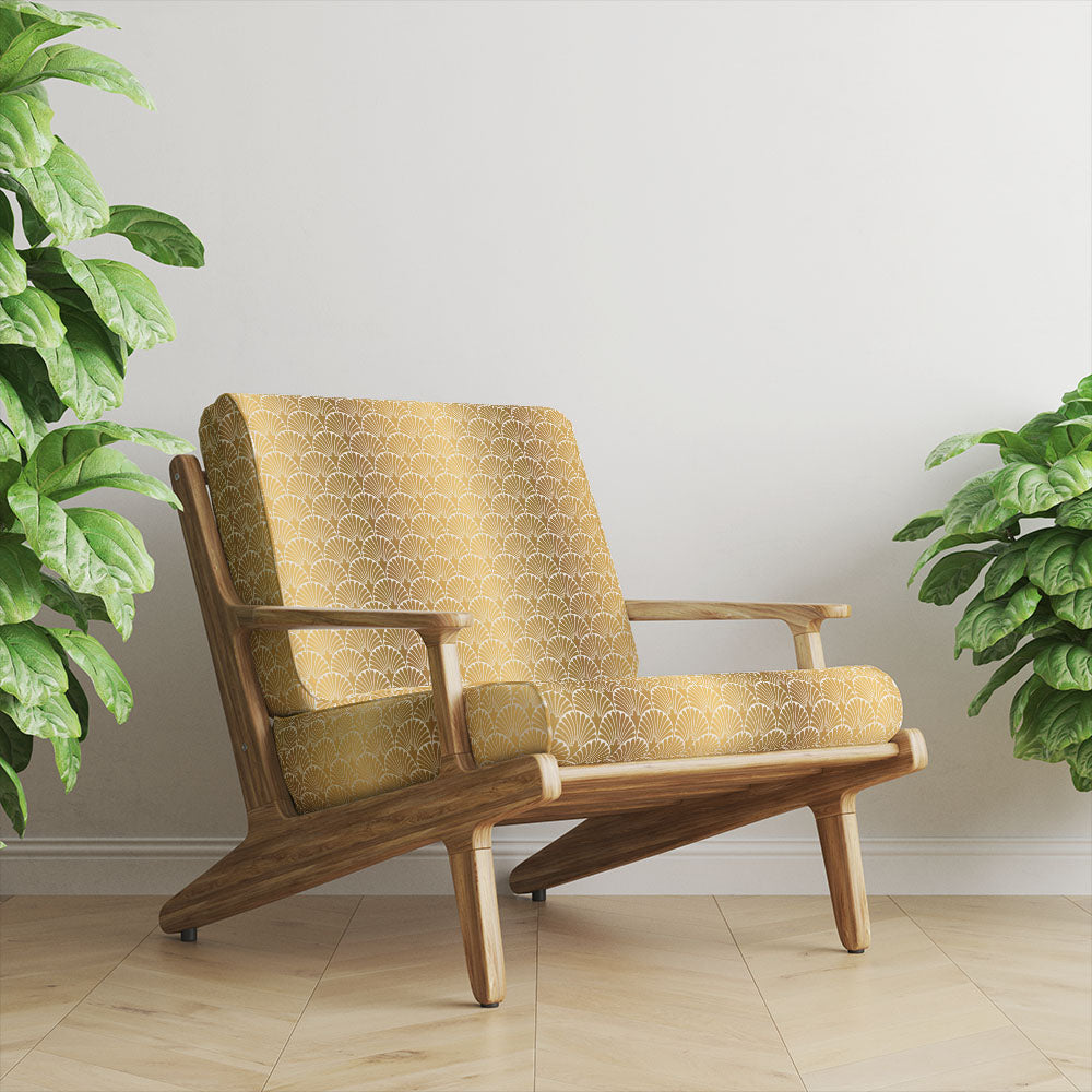 Gold velvet upholstery fabric upholstered chair with bold art deco pattern