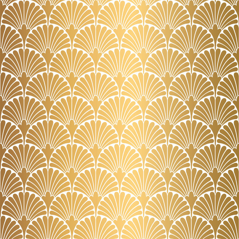 Gold art deco velvet upholstery fabric with repeating fan inspired geometric print