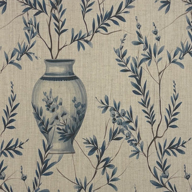 Ching blue leaf and vase linen fabric on cotton linen union basecloth