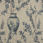 Ching blue leaf and vase linen fabric on cotton linen union basecloth