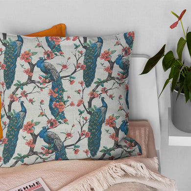Chinoise Peacock Upholstery Fabric with Detailed Peacock Feathers and Botanical Patterns