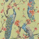 Chinoise Peacock Mint Green upholstery fabric flat image, printed peacock bird fabric for chairs, curtains, Roman blinds and cushions
