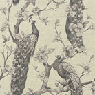 Chinoise Peacock Monochrome upholstery fabric flat image, black and white peacock print fabric for chairs and soft furnishings