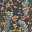 Chinoise Peacock Noir upholstery fabric flat image, dark peacock print fabric by the metre for chairs, cushions and curtains