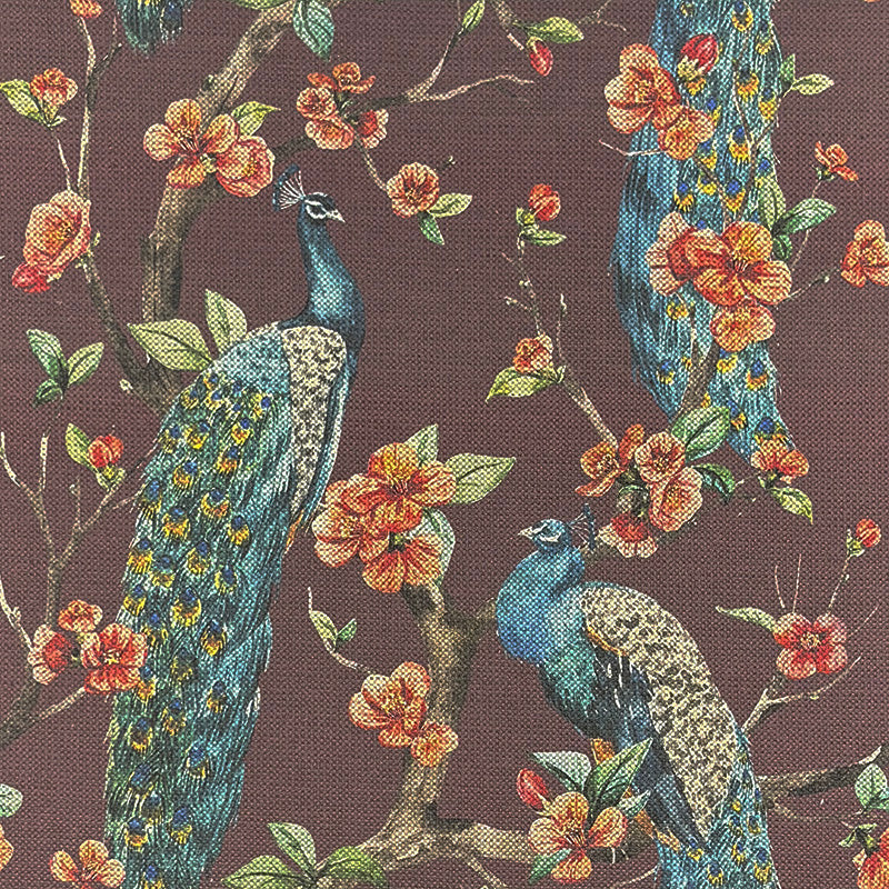 Chinoise Peacock Wine upholstery fabric flat image, rich wine peacock floral fabric for chairs, curtains and Roman blinds