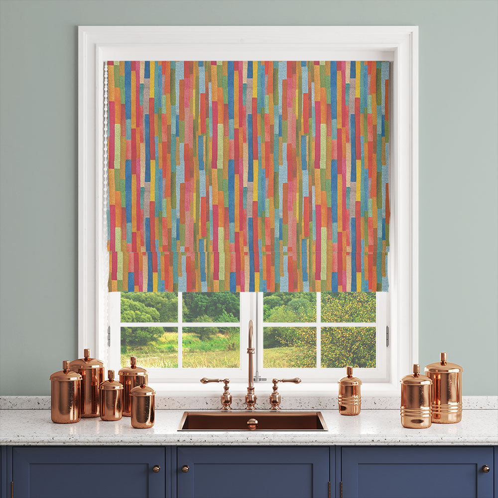 Cleveland Stripe Cotton Curtain Fabric blind image – bold striped curtain fabric used as a colourful kitchen blind in multicolour tones