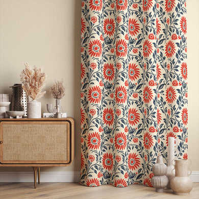 Cliveden Linen Curtain Fabric - Red beautifully framing a picturesque view from a bedroom window