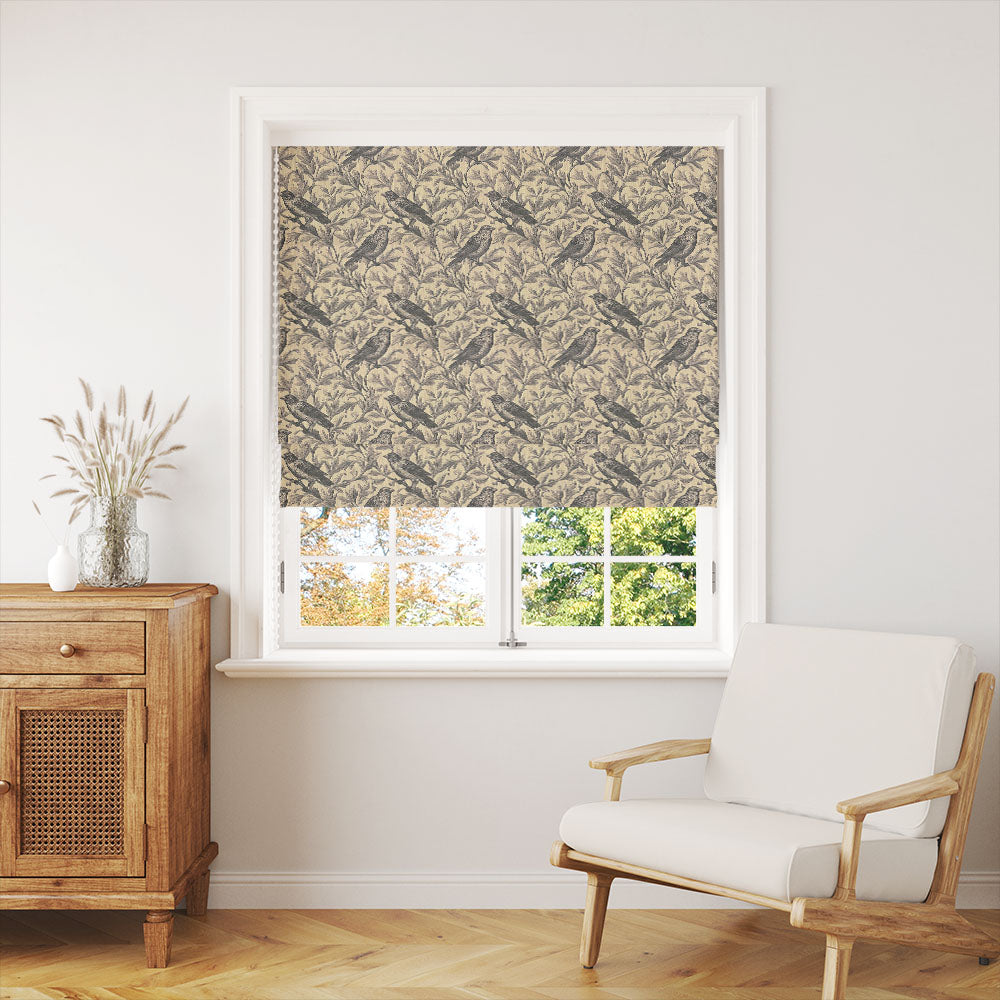 Bird fabric linen Roman blind featuring detailed birds and botanical foliage on a neutral beige background.