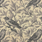 Bird fabric on linen with finely sketched birds and scrolling foliage in neutral beige tones for curtains and blinds.