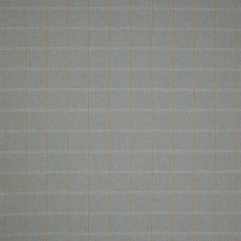 Colefax and Fowler Lanark Plaid Wool Fabric in Old Blue F2616/12, featuring a classic check design with soft blue and warm beige tones.