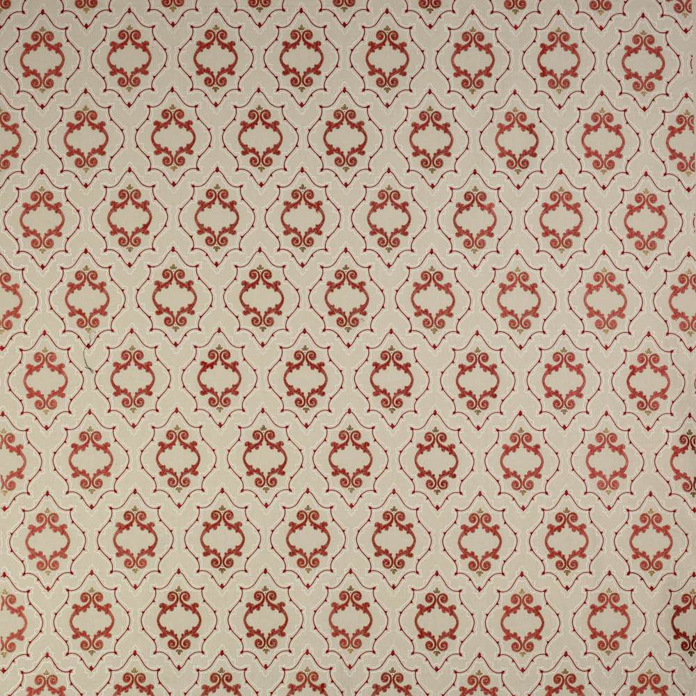 Colefax and Fowler Purcell Red Natural designer upholstery fabric with intricate red damask pattern on neutral background.
