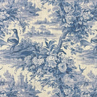 Blue toile linen curtain fabric with birds, flowers and a country landscape in a flat view