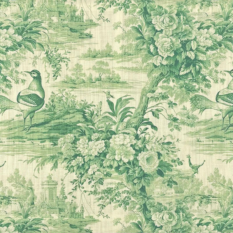 Green toile linen curtain fabric featuring birds, florals and scenic country detail