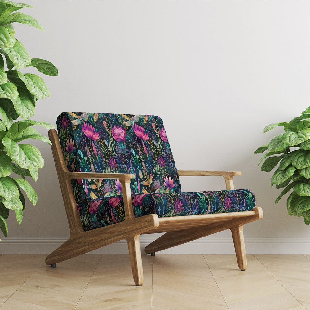 Multicoloured velvet upholstery fabric Columbia floral and dragonfly design