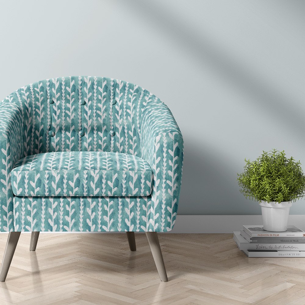 Cordelia teal velvet upholstery fabric leaf design upholstered chair