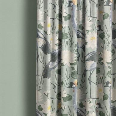 Beautifully draped Crane Birds Linen Curtain Fabric - Green, adding elegance to the room
