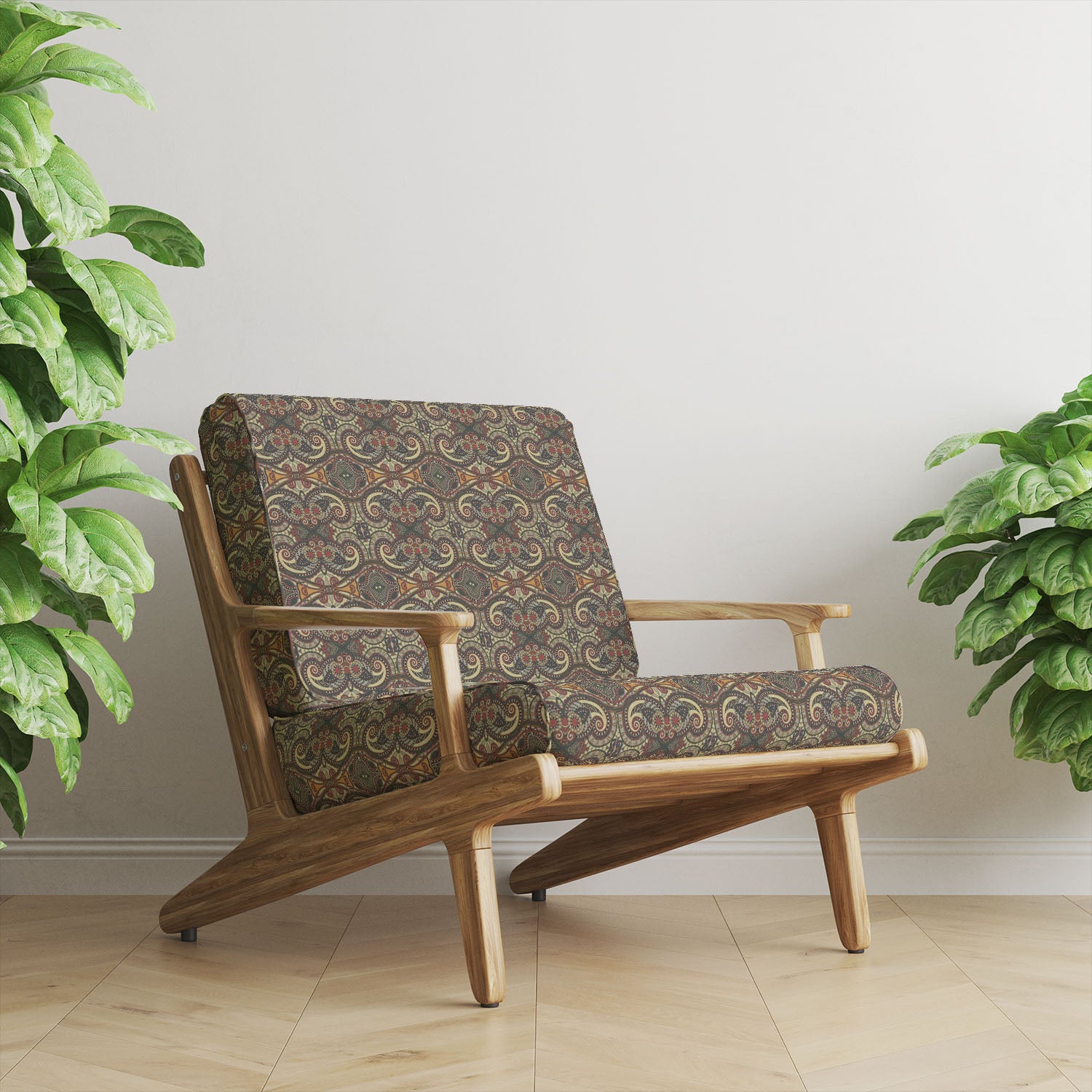 stand out upholstery fabric used on armchair with bold central american geometric design on linen upholstery fabric