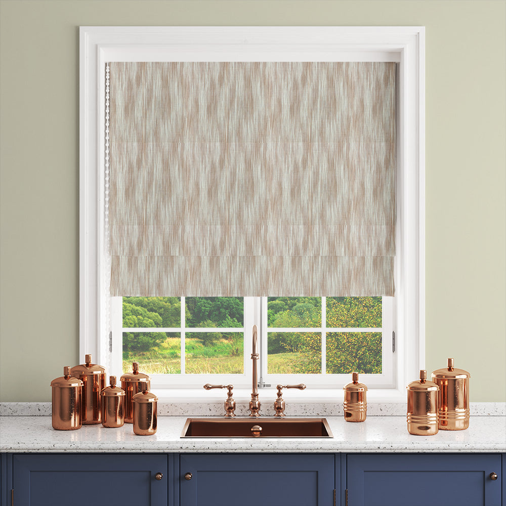 Roman blind made from Dallas Brown striped curtain fabric, styled in a kitchen with warm neutral tones and soft texture.