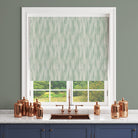 Roman blind in Dallas Duck Egg striped curtain fabric, displayed in a kitchen with duck egg tones and subtle texture.
