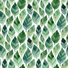 Darwin green leaf washable curtain fabric with layered watercolour foliage in sage, eucalyptus and forest tones on white