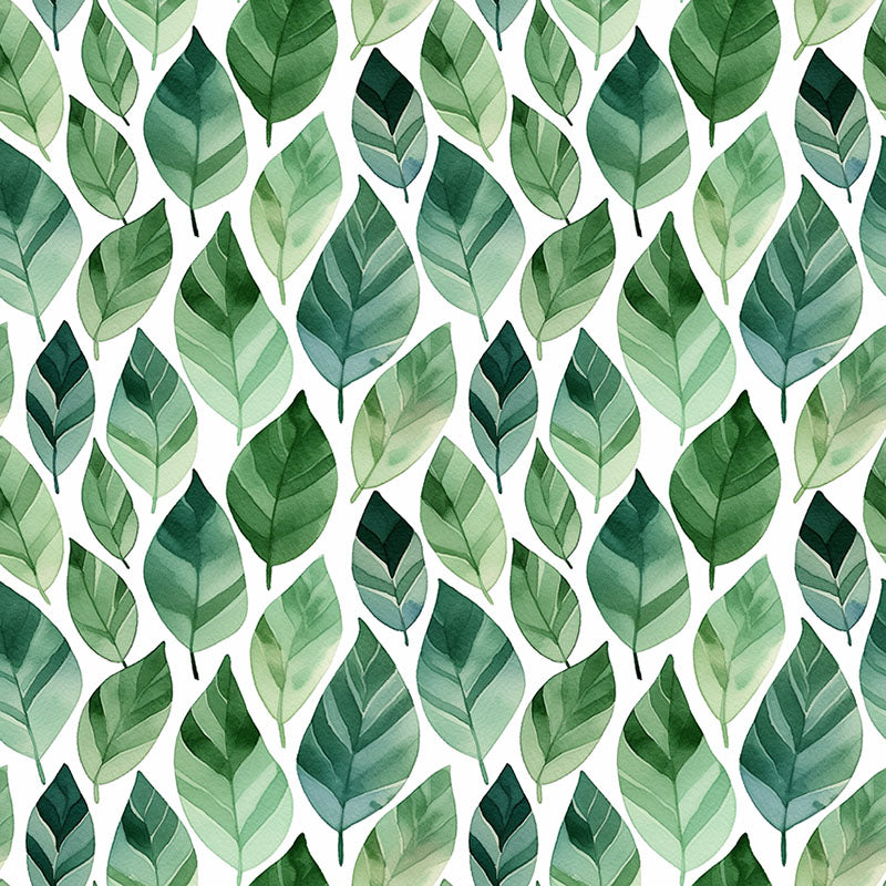 Darwin green leaf washable curtain fabric with layered watercolour foliage in sage, eucalyptus and forest tones on white