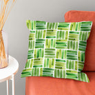 Dash Green cushion image showing geometric polycotton curtain fabric for soft furnishings