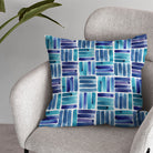 Dash Indigo cushion image showing blue patterned curtain fabric for cushions and blinds