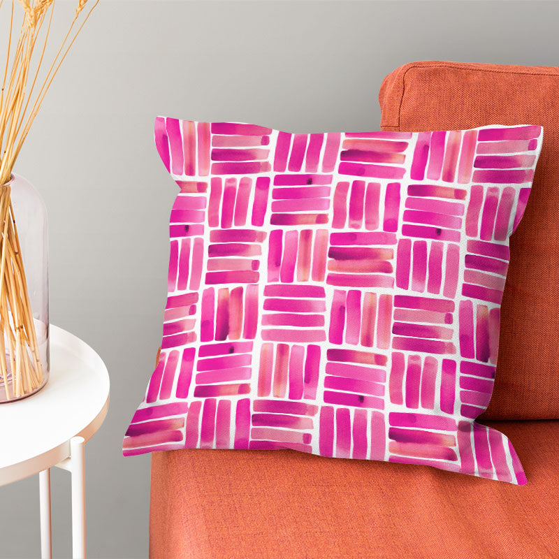 Dash Pink cushion image showing patterned polycotton curtain fabric in a soft pink colourway