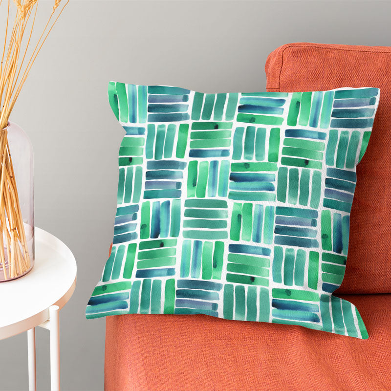 Dash Teal cushion image showing geometric curtain fabric in a rich teal colourway
