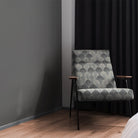 Blue Deco Fan printed upholstery fabric used on retro-style chair