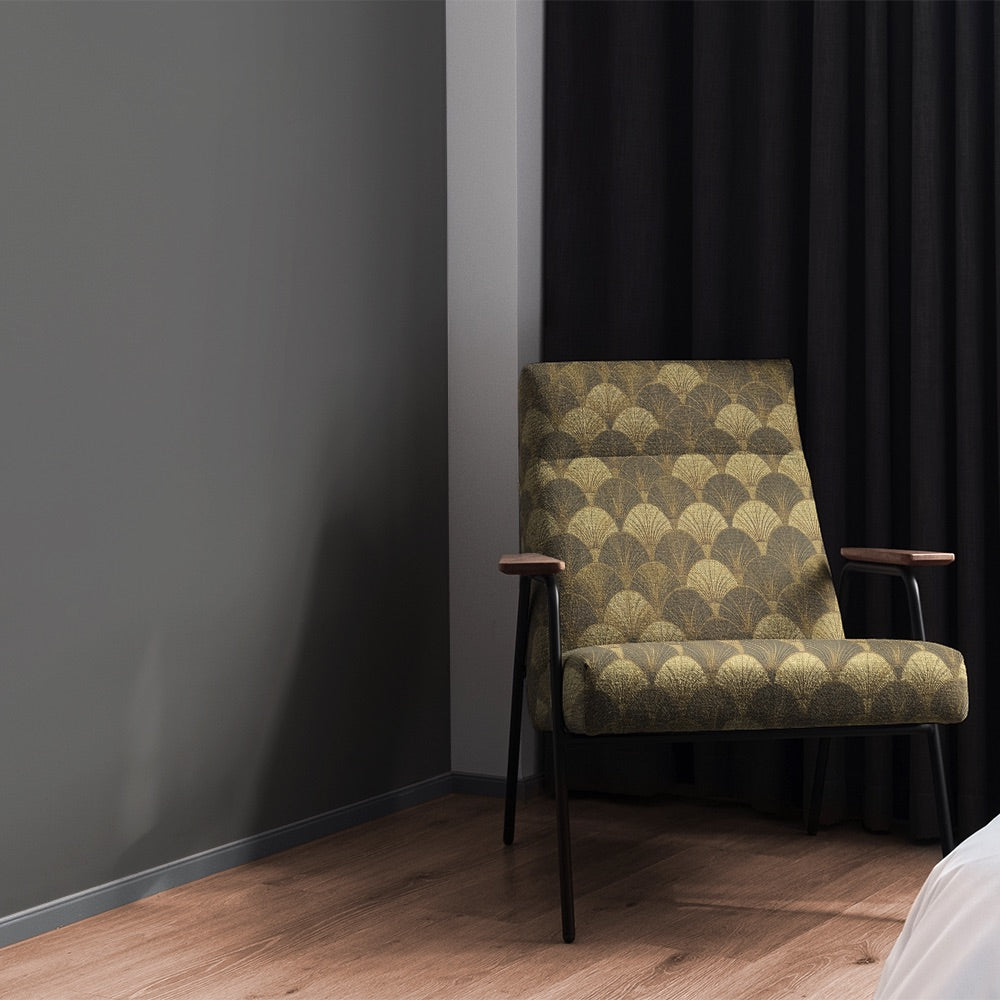 Golden Deco Fan upholstery fabric used for bold printed armchair