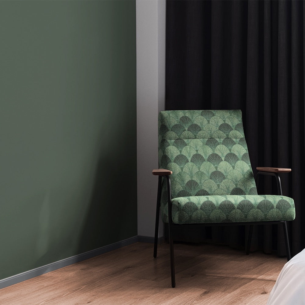 Green Deco Fan printed upholstery fabric styled on statement chair