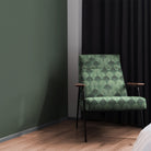 Green Deco Fan printed upholstery fabric styled on statement chair