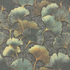 Close-up of Deco Leaf linen curtain fabric in Forest colour with stylised green and bronze ginkgo leaves
