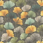 Detailed flat image of Deco Leaf linen curtain fabric in Golden colour with ochre and yellow ginkgo leaves on charcoal background