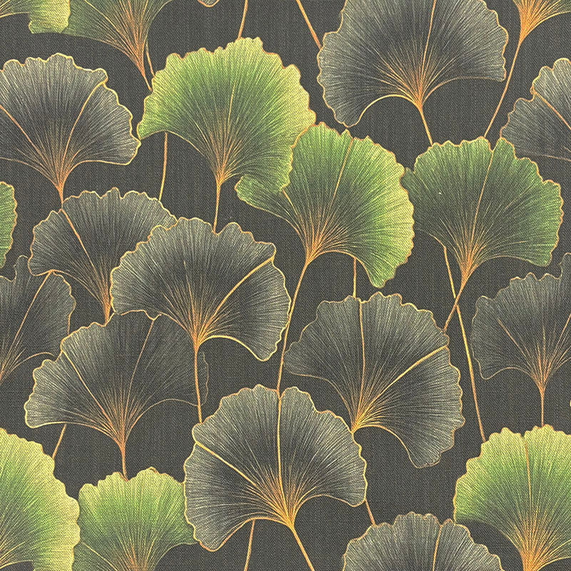 Flat lay of Deco Leaf Green linen curtain fabric with a bold ginkgo leaf pattern in shades of soft and deep green