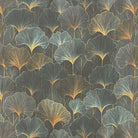 Flat image of Deco Leaf Teal linen curtain fabric with striking teal and amber ginkgo leaves on dark background
